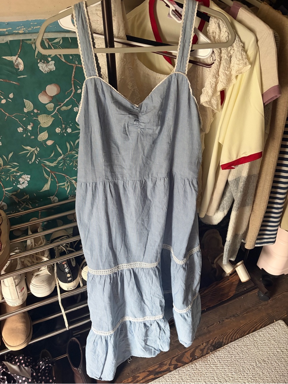 Light Blue Tiered Sundress with Lace Trim